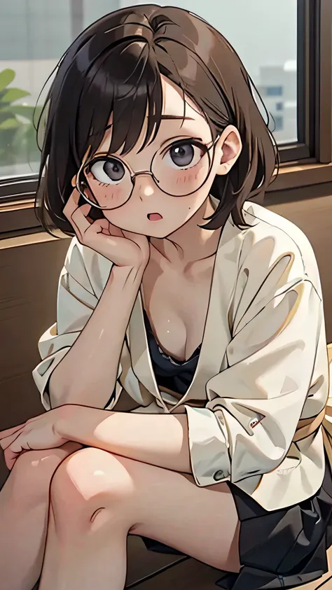 there is a woman sitting on the floor with her legs crossed...., wear glasses, japanese model, wear glasses on, square wear glas...