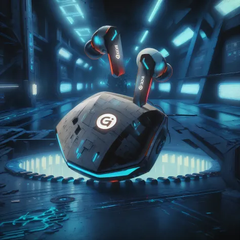 Original photo of C7b3rp0nkStyle headphones, Cyberpunk style, Reality, (masterpiece:1.3) (best quality:1.2) (high quality:1.1)render of futuristic earbuds with G logo, floating on a dark blue platform in a sleek space station, neon