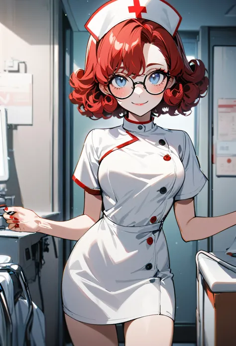 1girl, solo, red hair, curly hair, short hair, light blue eyes, red freckles, round glasses, skinny, very skinny, nurse outfit, cute, cowboy shot, smile, red makeup, red nails, nail polish, medium breasts, hospital background, best quality, (good hands:1.2...