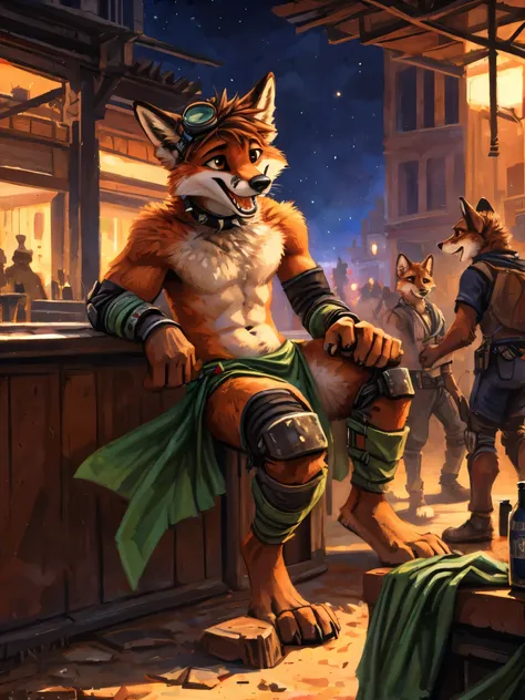 teen Furry, furry, teenager, red fox, spiked brown hair only on head, collar, brown eyes, goggles, green loincloth, green scarf, elbow pads, knee pads, masterpiece, No muscles, Detailed hands, detailed face, detailed eyes, detailed body, Flat body, Skinny,...