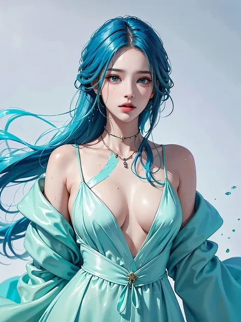 beautiful supermodel woman with blue hair, a strand of hair with slight highlights, green eyes, mixed medium, wet paint, jewel b...