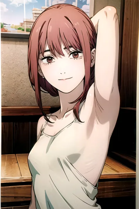 ((best quality)), ((masterpiece)), (detailed), perfect face. Asian girl. Red hair. Topless. Small breast. Smile. Armpit.