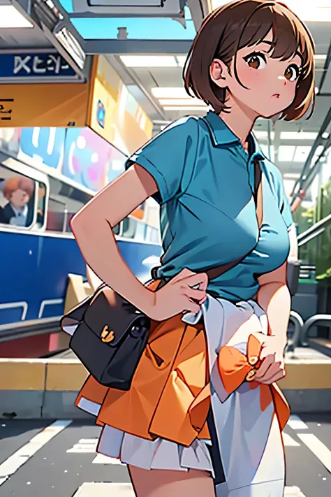 highest quality、8k、Ultra-high resolution、masterpiece、Professional Lighting、Clear photos、Realistic photos (1 cute Korean star) Reverse Hair, light makeup, Large breast size, At the train station,Anatomically correct body、Big Breasts、Very slim、Delicate body:...