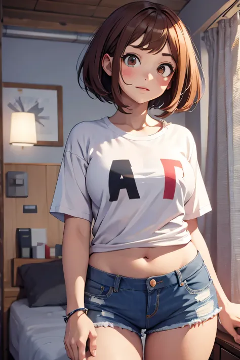 masterpiece, best quality, highres, hmochako, blush stickers, short hair, medium breast, oversized white t-shirt, short shorts, cowboy shot, indoors, bedroom, plump body, slightly chubby