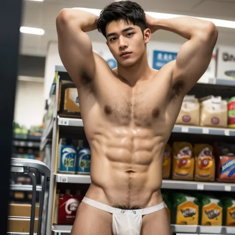 Food display In the background, supermarket, supermarket display In the background, snack display In the background, very hairy armpits, hairy pubic, hairy crotch, hairy body, In the charming picture there is a handsome Chinese 17 years old boy with his bi...