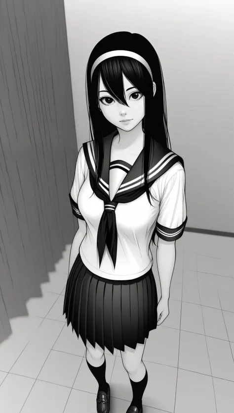 DianaKSXL, monochrome, greyscale, black eyes, hair band, black hair, long hair, sidelocks, hair between eyes, medium breasts, , serafuku, white shirt, short sleeves, sailor collar, neckerchief, pleated skirt, skirt, socks, loafers, (solo), standing, lookin...