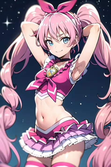 cure melody, navel, pink hair ribbon:1.2, hairband, pink thighhighs, pink shoes, wrist cuffs, twintails, gem, frills, anime colo...