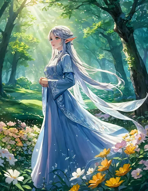 masterpiece,best quality, frieren, sousou no frieren, elf, standing, blush, closed mouth, hair between eyes, long sleeves, earrings, absurdres, highres, , 
Fantasy, elven forest, luminous butterflies fluttering about, blue grass and other colourful flowers...