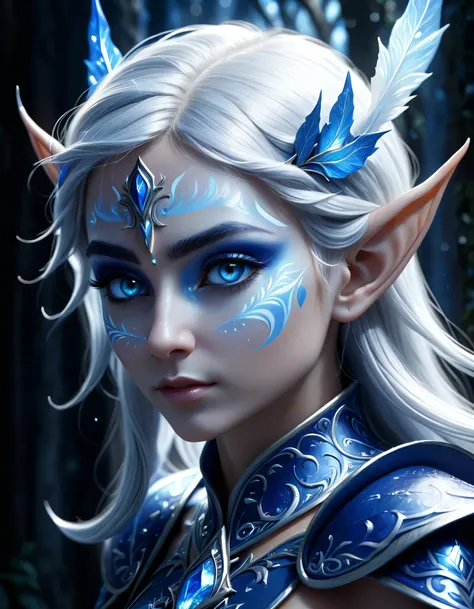 Portrait of an elf entering a dark fantasy world, elaborately painted face, blue and white world, elf painted in blue and white, elf profile, shining details, (tremendous protective aura: 1.3), intricate detail rendering, 3D rendering, octane render, Breat...