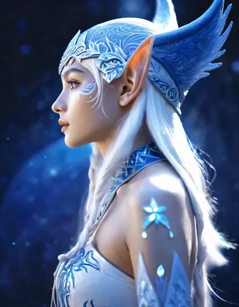 portrait of an elf entering a dark fantasy world, elaborately painted face, blue and white world, elf painted in blue and white,...