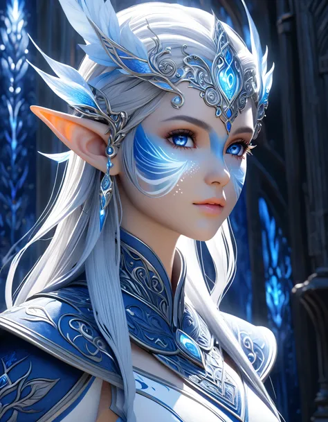 portrait of an elf entering a dark fantasy world, elaborately painted face, blue and white world, elf painted in blue and white,...