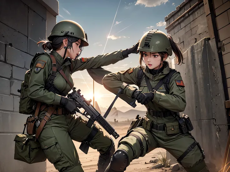 Female soldiers in helmets，Dagger in hand，Attack each other，M51 Military Uniform、Military Pants、Magazine Pouch、Tactical harness、Elbow pads，Knee pads，Write details、masterpiece、best quality、Highly detailed CG、8K picture quality、theater lighting、lens flare