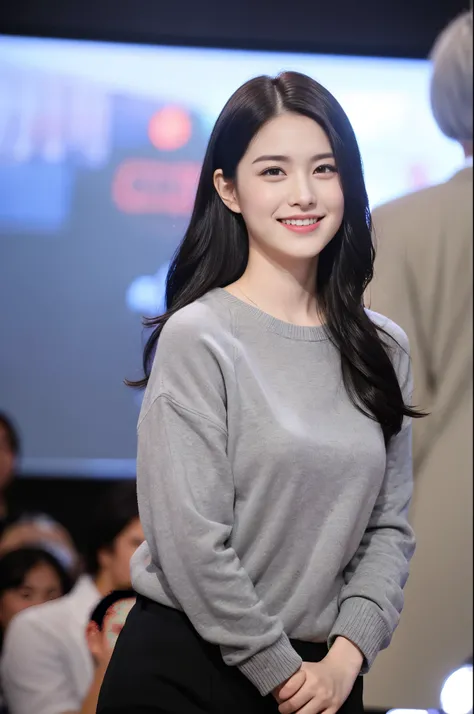 22-year-old girl, with gray eyes, pale white skin, normal body, smiling, black hair, photo taken with an ultra-realistic professional camera, very comfortable clothes, she is in the background pointing at a star
