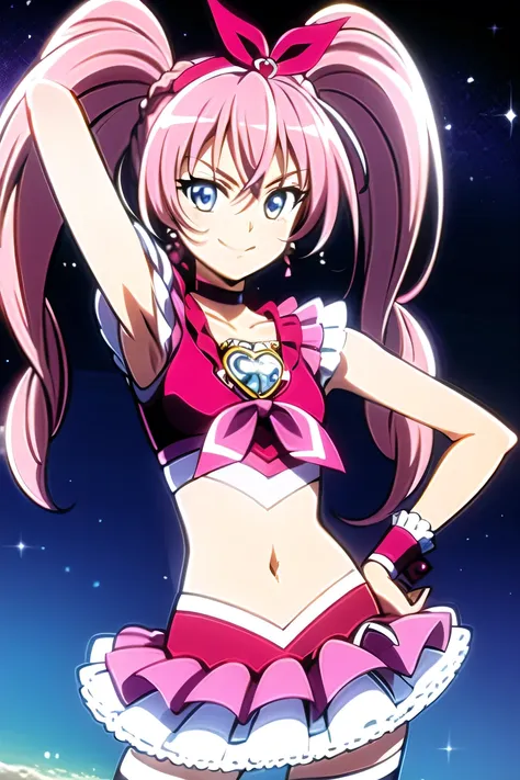 cure melody, navel, pink hair ribbon:1.2, hairband, pink thighhighs, pink shoes, wrist cuffs, twintails, gem, frills, anime colo...