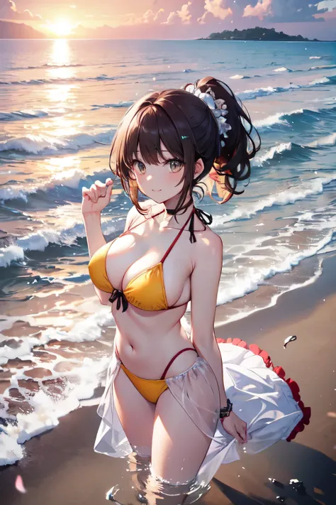 highest quality、Complete limbs、Full Finger、Beautiful 25 year old woman、Slender Beauty、ponytail、Medium Hair、Brown Hair、barefoot、((Yellow Bikini))、Beautiful big breasts、sunset、Beach、Standing on Beach、horizon、Hair blowing in the wind、Big smile、Palm tree