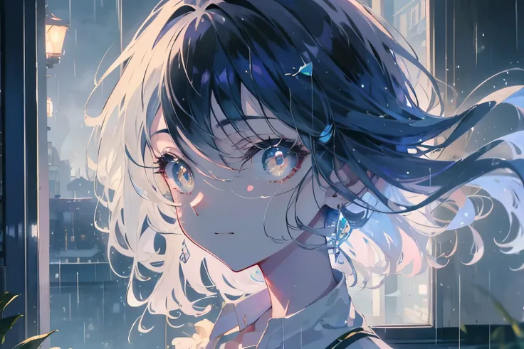 Create exquisite illustrations reminiscent of Makoto Shinkais style, It has ultra-fine details and top-notch quality. Create a high-quality illustration depicting a beautiful girl looking out of a window at the rain on a nostalgic and fantastical night. Th...