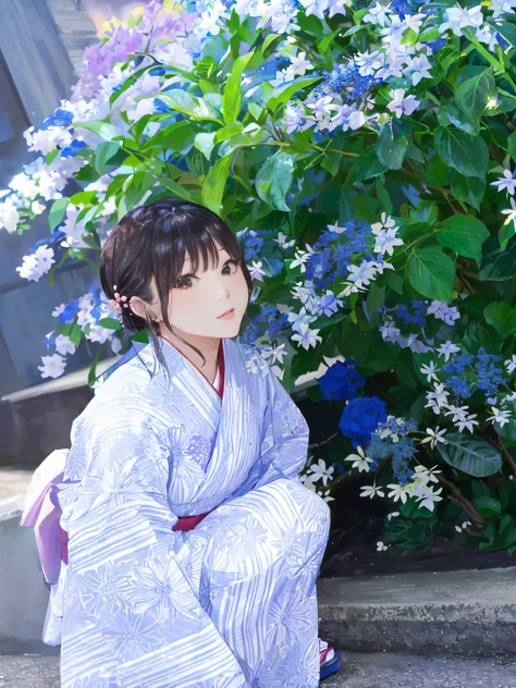 there is a woman sitting on the steps in front of a flower bush., in kimono, yukata, in a kimono, wearing kimono, 色鮮やかなyukataを着て...