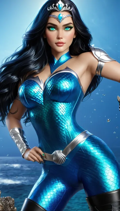 ( masterpiece, 4k resolution, ultra-realistic, very detailed) a beautiful sexy female superhero who is a demigoddess , blue/gree...