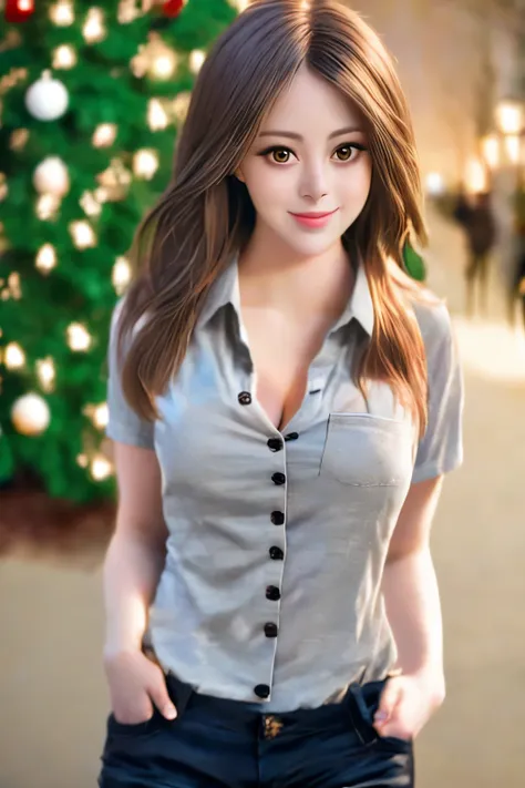 emmastone, black_hair, blurry, blurry_background, blurry_foreground, bokeh, breasts, brown_eyes, button_gap, buttons, christmas_tree, cleavage, collared_shirt, cosplay_photo, depth_of_field, large_breasts, lips,