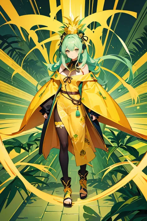 anime style, pineapple woman, with clothes made from pineapple, tones and colors of pineapple in a tropical forest, full body, perfect character.