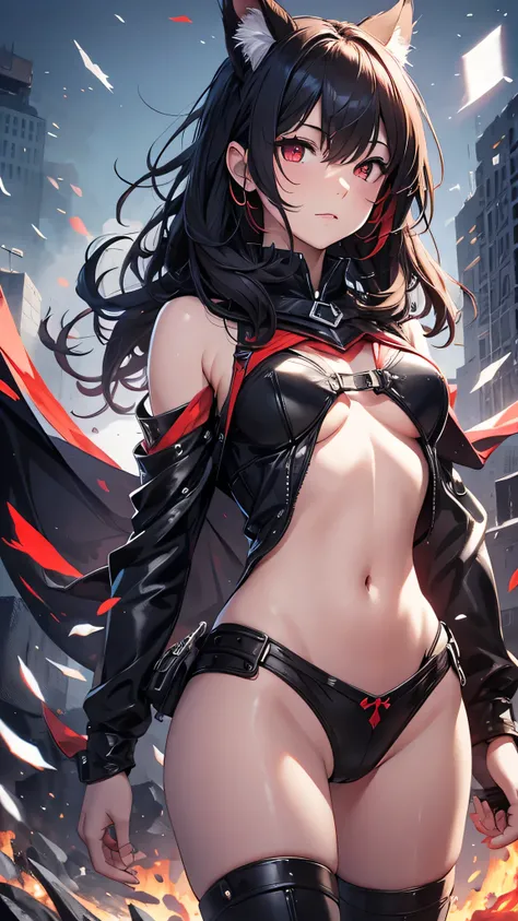 Highest quality、Highest quality、Masterpiece、girl((18-year-old、as soon as、Highest Bust、Medium Bust、Wide open chest、Red glowing eyes、Black Ear、Red Mesh、Disheveled Hair、Loincloth、thin、The best valley、Open chest、Red Cape、hair ornaments、Full body view、short tro...