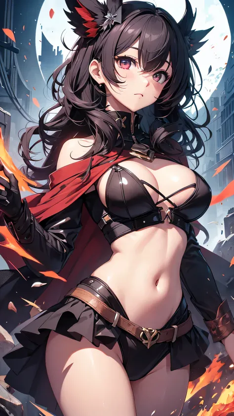 Highest quality、Highest quality、Masterpiece、girl((18-year-old、as soon as、Highest Bust、Medium Bust、Wide open chest、Red glowing eyes、Black Ear、Red Mesh、Disheveled Hair、Loincloth、thin、The best valley、Open chest、Red Cape、hair ornaments、Full body view、short tro...