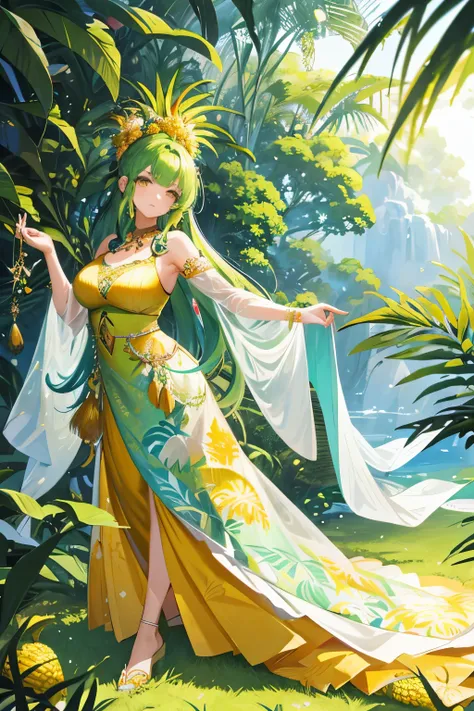 masterpiece, best quality, finely detailed, high resolution, extremely delicate and beautiful, anime style: 1.2, tropical, pineapple woman, pineapple attire, vibrant tones and colors of a tropical forest, full body, a perfect character, radiant yellow and ...