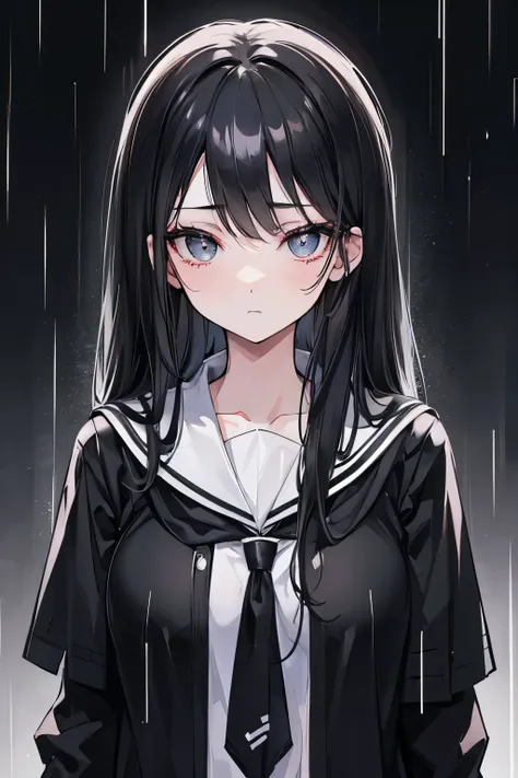 School girl, beautiful girl, emo, cold gaze, black and grey eyes, black hair, rain, modest body, eyeliner, black rings in eyes.