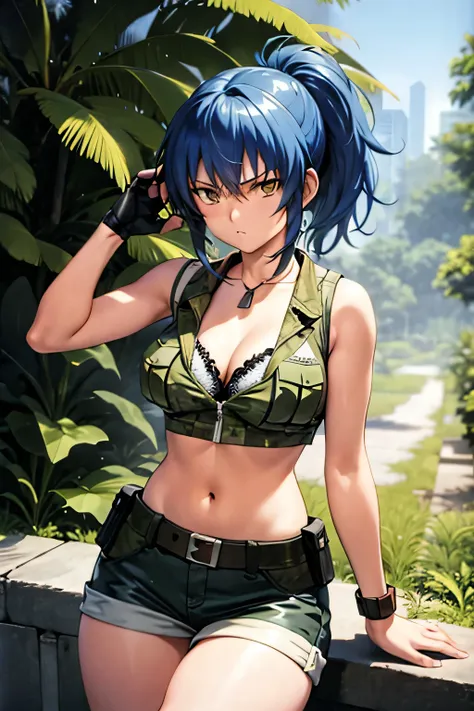 masterpiece, best quality, anime 1990s (style, leona heidern, bra, short,vest., jungle, tactical, pony tail, serious, cammo, army, soldier, blue hair.