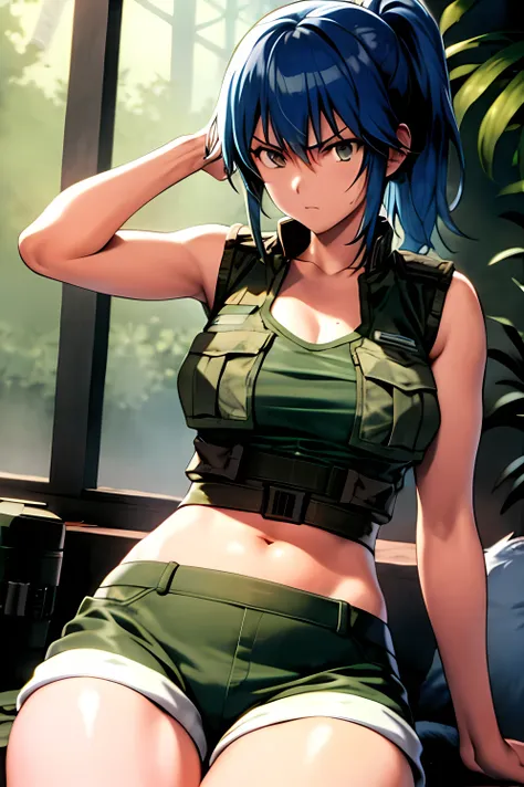 masterpiece, best quality, anime 1990s \(style\, leona heidern, bra, short,vest., jungle, tactical, pony tail, serious, cammo, a...