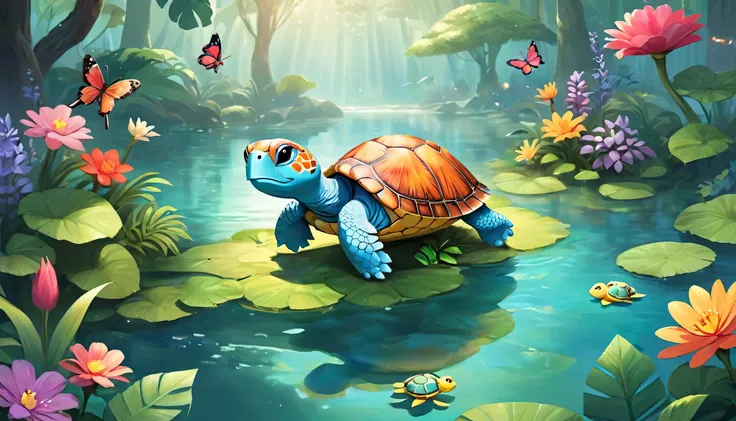 "Generate a captivating background scene filled with vibrant colors and enchanting elements, featuring a playful and mischievousIn the pond, with a gentle clap. Show the Turtle in its natural habitat, surrounded by lush foliage, towering trees, and a lush ...