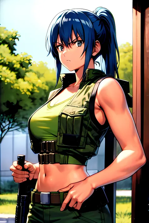 masterpiece, best quality, anime 1990s (style, leona heidern, bra, short,vest., jungle, tactical, pony tail, serious, cammo, army, soldier, blue hair.