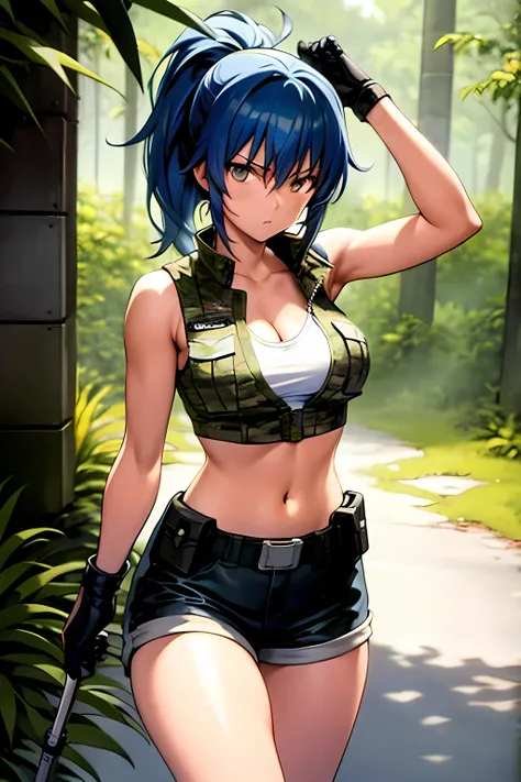 masterpiece, best quality, anime 1990s (style, leona heidern, mini top , short,vest., jungle, tactical, pony tail, serious, cammo, army, soldier, blue hair.