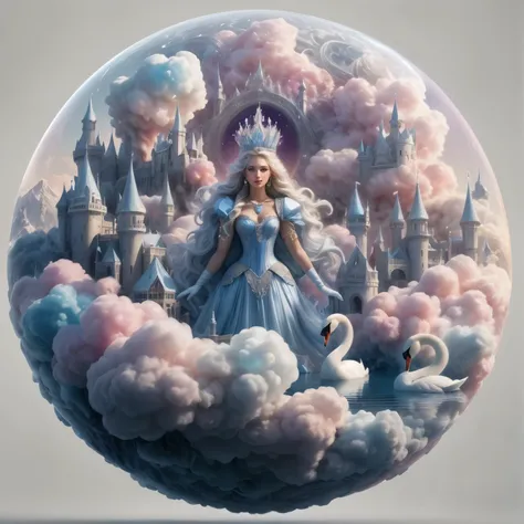 Cotton Candy Queen Women Goddess 8k Resolution Rendered Hyper Realistic Intricate Detail lives in an frosty ice bubble, a fanciful place filled with castles, cotton candy, swans lakes and fluffy clouds, An intricate visual representation of computer progra...