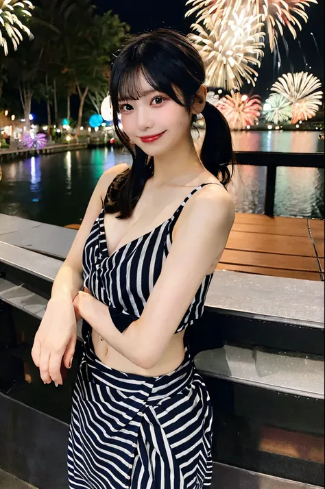 whole body、yukata姿、Striped fabric、night、Fireworks display、Black hair in a ponytail、yukata、Very large breasts、Very thin and long legs、Perfect figure、whole body、smile）、1 female、No makeup、23 years old、（masterpiece、8K,RAW Photos、High resolution:1.4）
