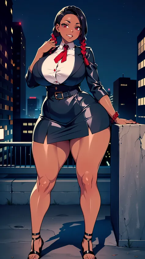 4K Quality, black woman, sexy smile, (black cool skirt), standing up, ((black and red braids)), (dark skinned), thick thighs, big breasted, big ass, looking at viewer, red eyes, night time, full body, city background, perfect face, perfect body, perfect ey...