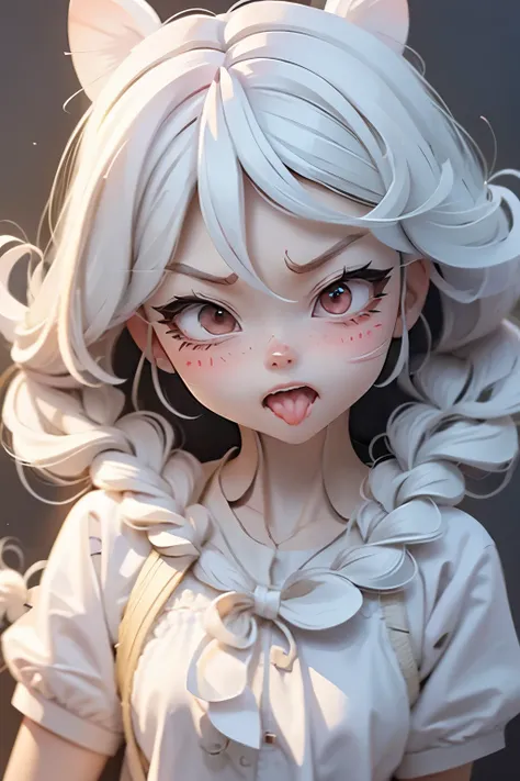 Lolli girl, braid hair, school, closed mouth, anime drawing background, white hair, frontal pose, face close, extremely mad of heavy anger