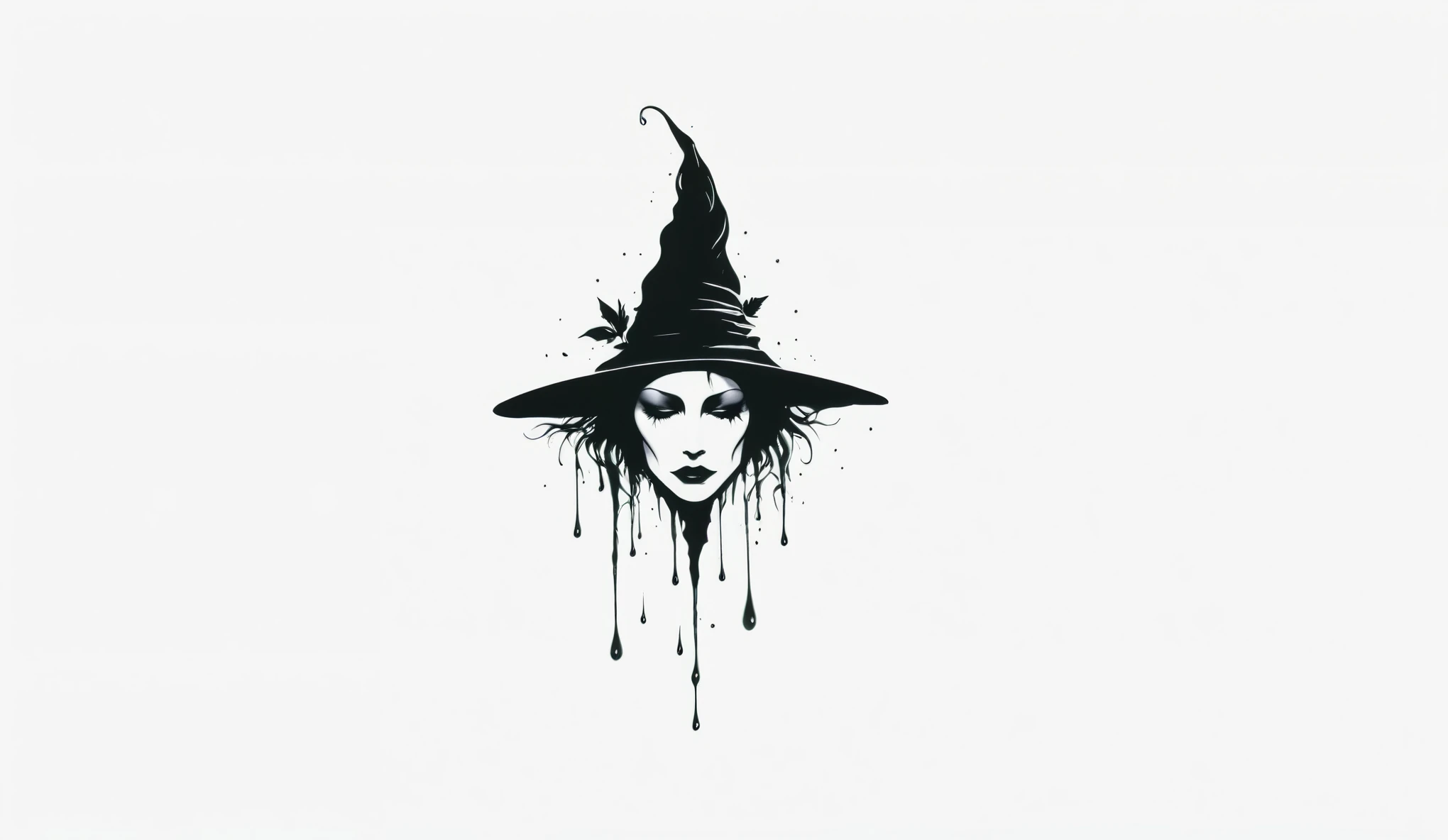 Create a simple and elegant plant witch logo, shedding niobium tears. The design should convey a strong sense of sadness and melancholy, using a minimalist approach with clear ugly lines and using only deep matte black, nicola samori,ben templsmith,Irina Y...