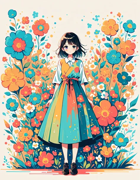 Fukasaka Kurehito style, Standing in front of a high wall，Simple Line Initialism，Abstract art，Urban Background, (((The most beautiful girl))), colorful flowers