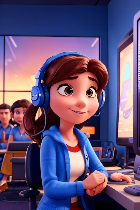 Pixar Disney style 3D poster with a woman slightly to the side with headphones and microphone serving a customer in a call center booth