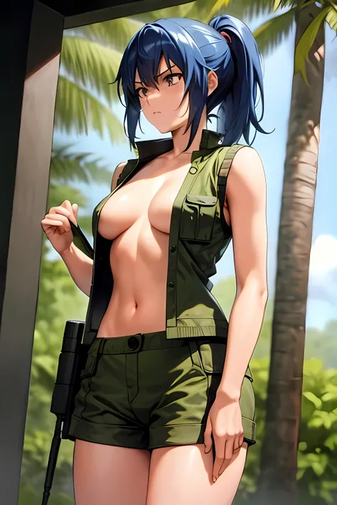 masterpiece, best quality, anime 1990s (style, leona heidern, naked , short,open vest., jungle, tactical, pony tail, serious, cammo, army, soldier, blue hair.