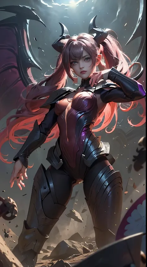 (Best Quality,4K,High resolution), Evil apotheosis，(Best Quality,4K,High resolution),Pink-purple hair on a black body, Body covered with hairs all over the body， transform,An abnormal，Beautiful eyes，shining purple eyes，Facial expression enhancement，，Changi...