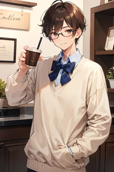 Boy, handsome boy, casual, sweater, glasses, smile, cheerful, tall, brown hair, looking at the viewer, coffee