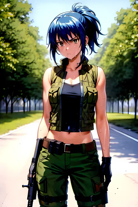 masterpiece, best quality, anime 1990s (style, leona heidern, naked , short,open vest., jungle, tactical, pony tail, serious, cammo, army, soldier, blue hair, warfare, war, wet.