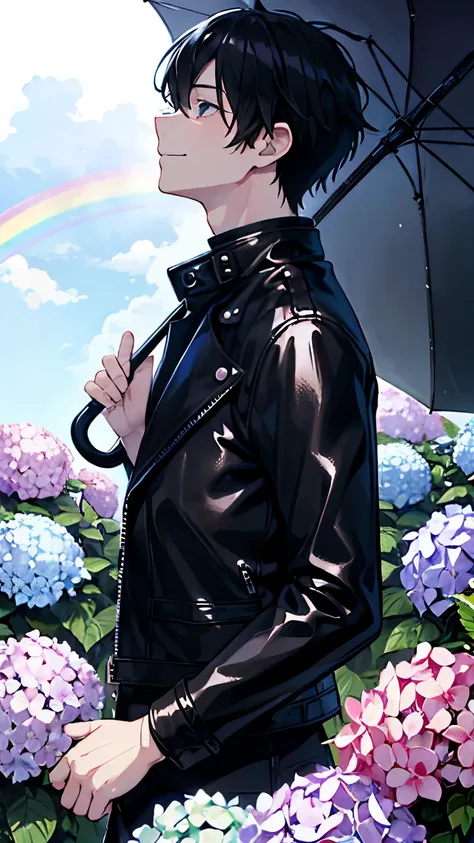 highest quality、A young man gazing at hydrangeas、smile、profile、after the rain、Beautiful rainbow、stage、Holding an umbrella、Wearing a black leather jacket、Black Hair、1 male