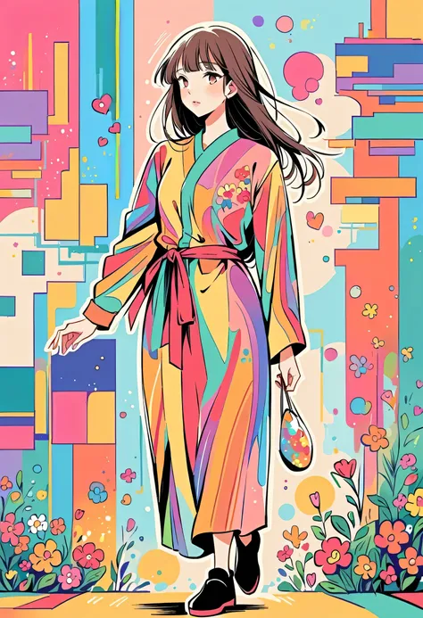 Watase Seizo style, Standing in front of a high wall，Simple Line Initialism，Abstract art，Urban Background, (((The most beautiful girl))), Lips in Love, walking, colorful flowers