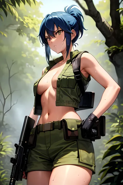 masterpiece, best quality, anime 1990s (style, leona heidern, naked , short,open vest., jungle, tactical, pony tail, serious, cammo, army, soldier, blue hair, warfare, war, wet.