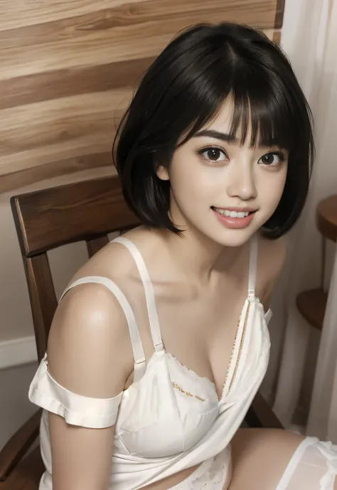 NSFW,(In 8K、highest quality、masterpiece、realistic、Super become familiar with、Photoreal), ((1 girls cute face:laughter:show teeth),{{Radiant Beautiful Skin:1.5}},(beautiful and delicate eyes:double eyes),{{short hair}}, {{Bowl cut}}, {{straight hair}},{{Sho...