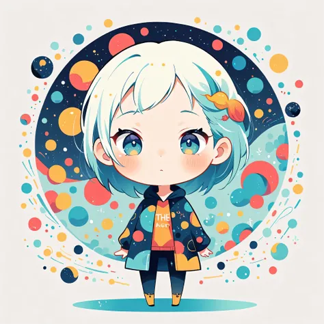 Watase Seizo style, Standing in front of a high wall，Simple Line Initialism，Abstract art，galactic universe Background, (((The most beautiful girl))), (((chibi)))