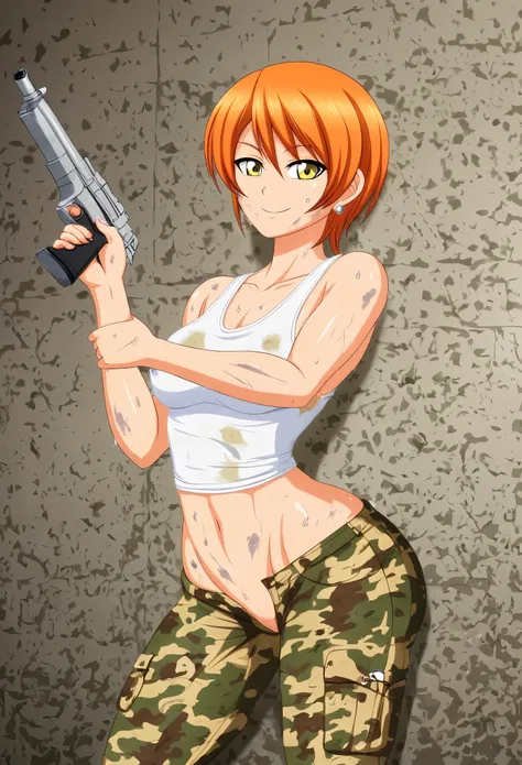 (​best quality,highres,masterpiece), solo,Hoshizora rin , orange hair, yellow eyes, tank top, earrings, Camouflage pants, standing,navel, cowboy shot, thighs,wide hips, smile , closed mouth, dirty,sweaty, holding gun, (erect nipple:0.8), crotch ,in war